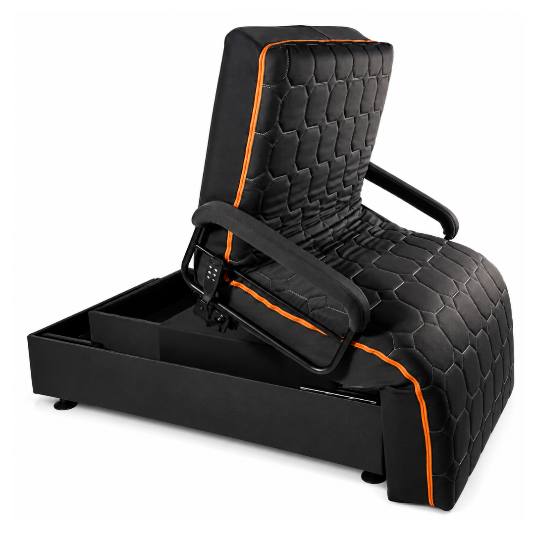 The Journey UPbed® Standard 4-in-1 Motorized Lift Bed features a modern black design with a quilted pattern, orange trim, reclining backrest and armrests, easy-access under-bed storage, and enhanced mobility support.